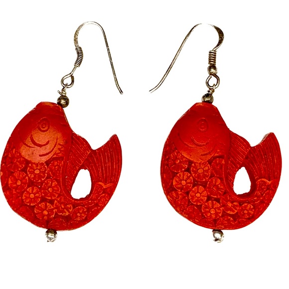 Jewelry - VINTAGE Asian Sterling Silver & Red Cinnabar Floral Carved Fish Earrings